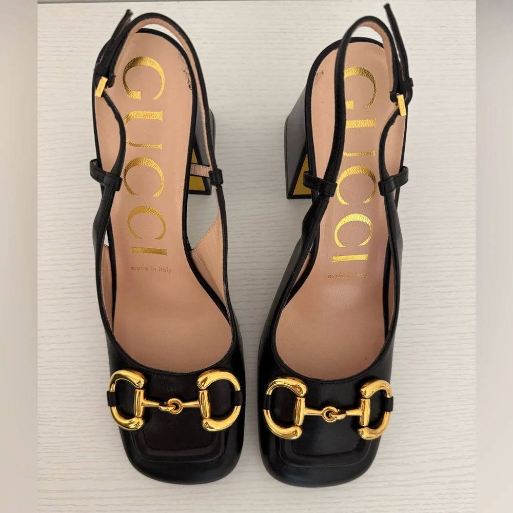 GUCCI Baby Horsebit Slingback Leather Pump Black Gold EU 36 Authentic Shoes - Picture 2 of 11